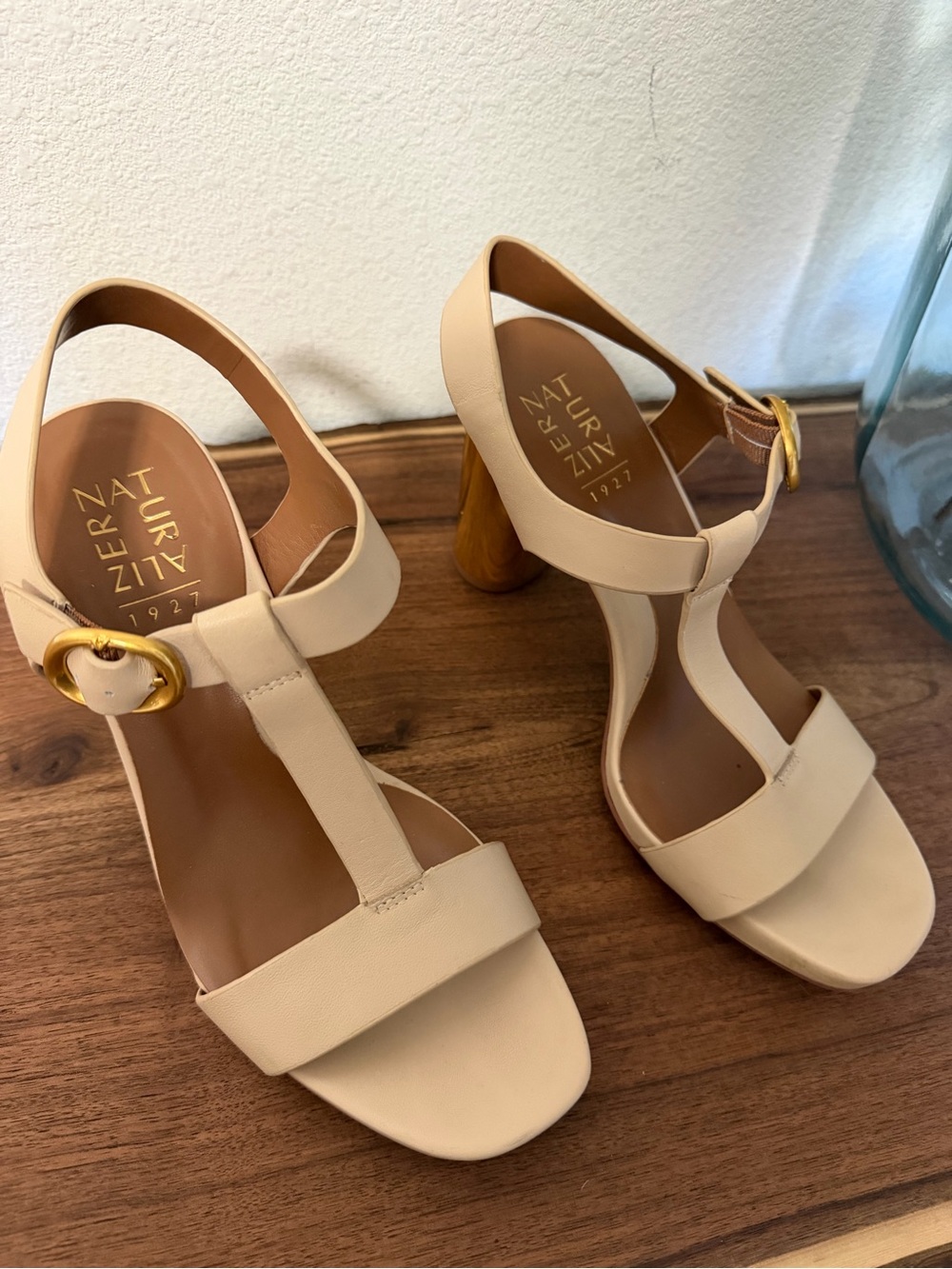 Naturalizer Nude T-Strap Sandals with Gold Block Heel - Picture 8 of 8